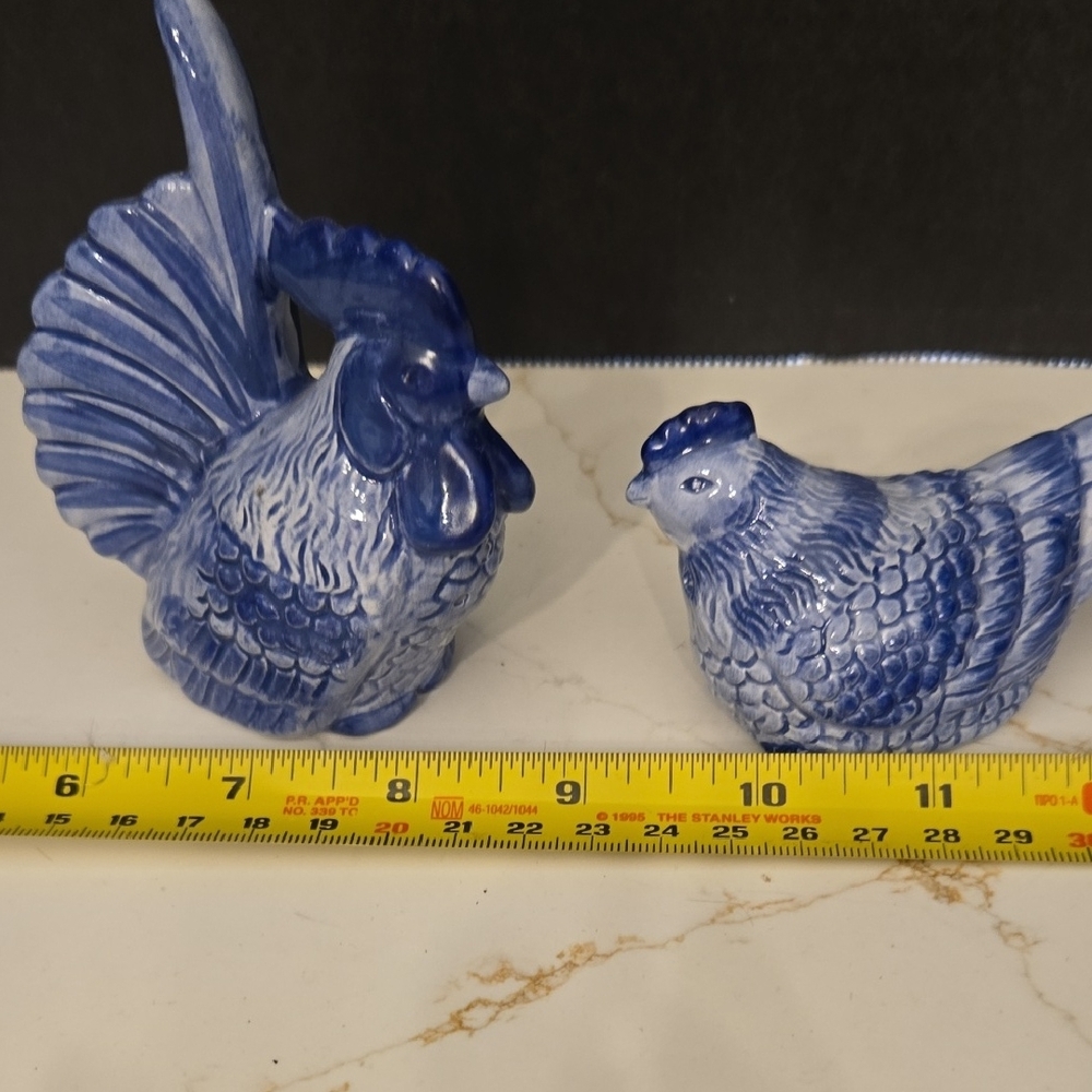 Blue Ceramic Rooster and Hen Figurines